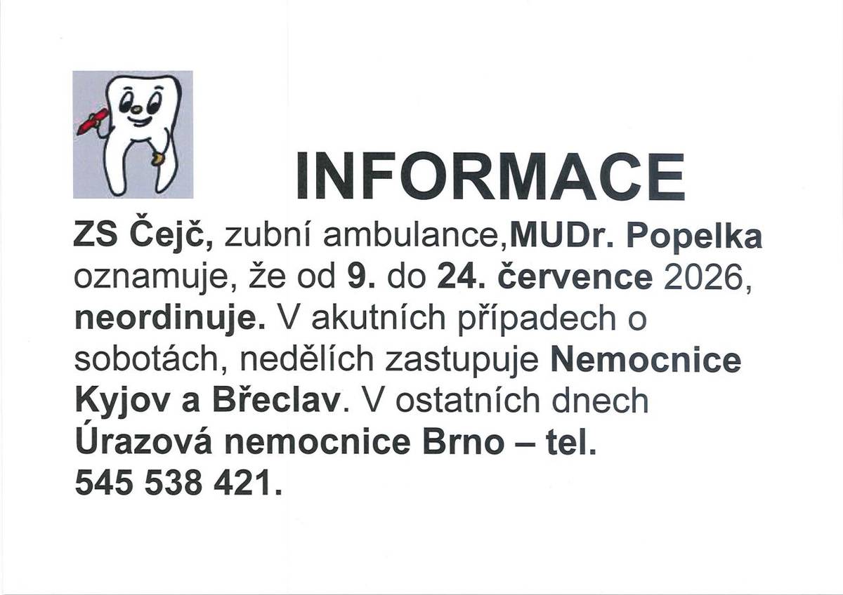 MUDr. Popelka od 9. do 24. 7. 2026 neordinuje.