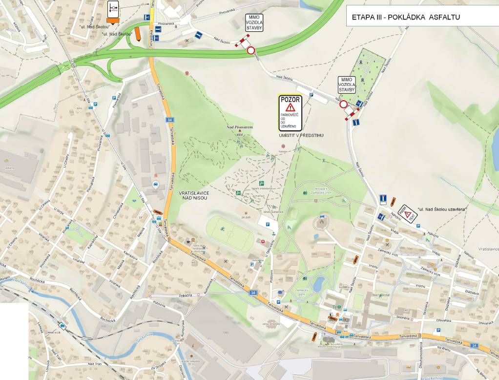 Od pondělí 13. 7. do neděle 19. 7. proběhne úplná uzavírka ulice Nad Školou v úseku od hřbitova po pivovar. Důvodem je příprava podkladních vrstev, frézování a následná celoplošná pokládka nového asfaltového povrchu komunikace.   Omlouváme se za komplikace a děkujeme za pochopení.