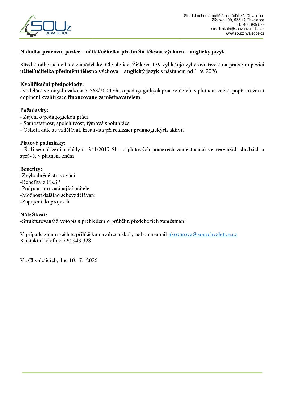 Nabídka práce SOUz Chvaletice - učitel/učitelka předmětů tělesná výchova - anglický jazyk