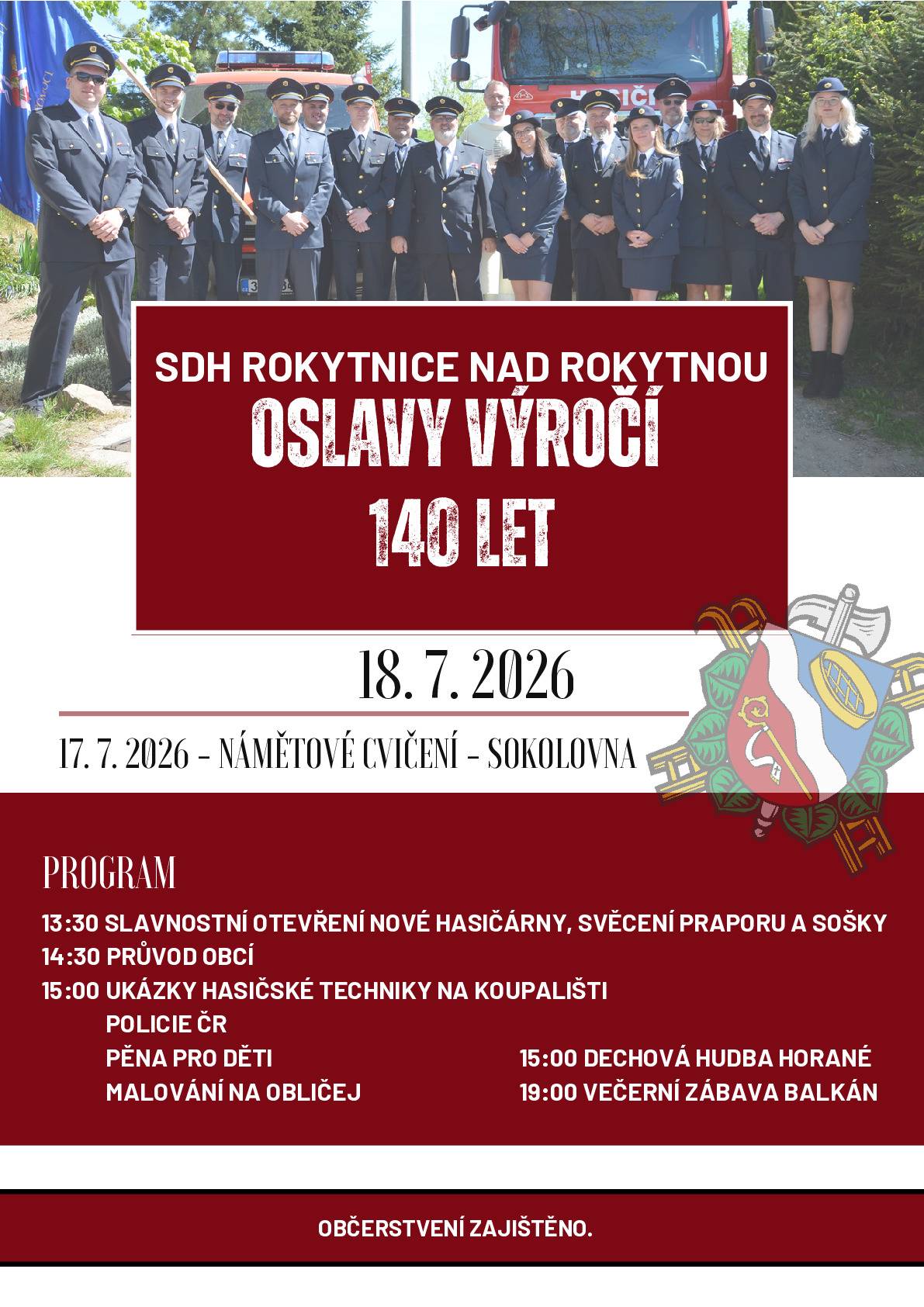 SDH Rokytnice nad Rokytnou zve na OSLAVY VÝROČÍ 140 LET - 18.7.2026. Program v příloze.