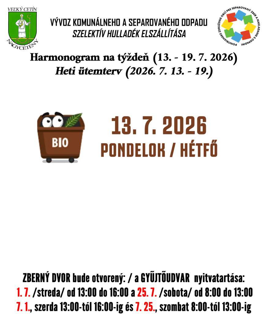 Harmonogram na týždeň (13. 7. - 19. 7. 2026)