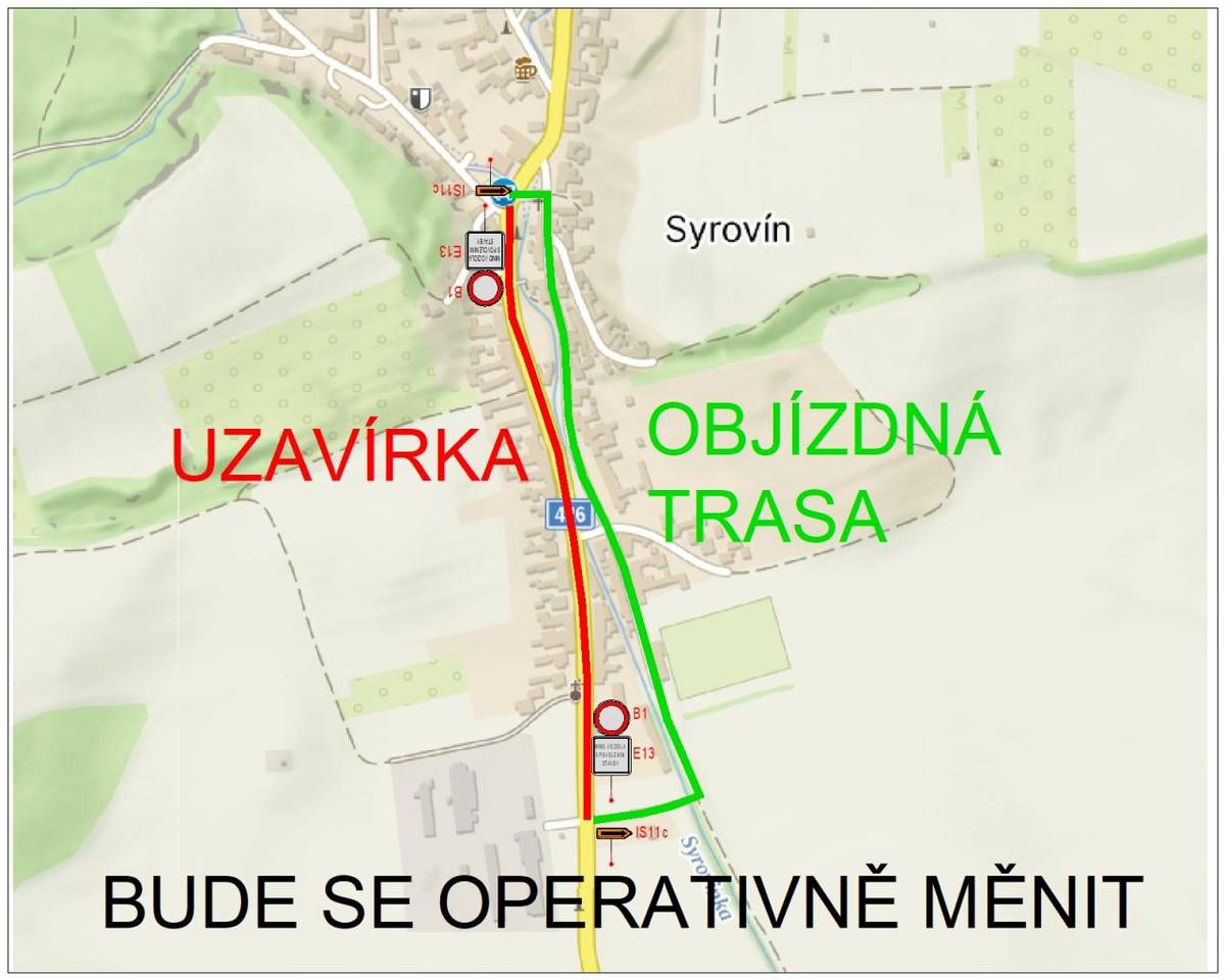 Upozorňujeme občany, že od pondělí 13. července bude uzavřena hlavní komunikace. Veškerá doprava bude vedena po vyznačené objízdné trase, která povede od křižovatky u firmy  ERI Trade po panelové cestě kolem hřiště a dále po vedlejší komunikaci až k točně.
