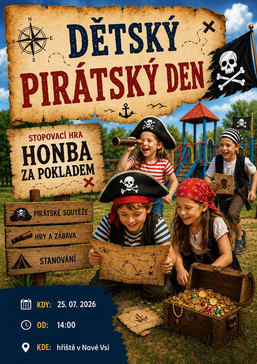 Srdečně zveme všechny děti a jejich rodiče na dobrodružné odpoledne plné pirátských radovánek! Přijďte si společně užít Dětský pirátský den, který se uskuteční v sobotu 25. července 2026. Hlavním bodem programu bude napínavá stopovací hra „Honba za pokladem“. Dále se můžete těšit na:   pirátské soutěže   hry a zábavu   stanování   Kdy a kde?   Datum: 25. 7. 2026   Čas: začínáme ve 14:00   Místo: hřiště v Nové Vsi   Přijďte zažít den plný dobrodružství, těšíme se na vás! SK Nová Ves 2024, z.s.
