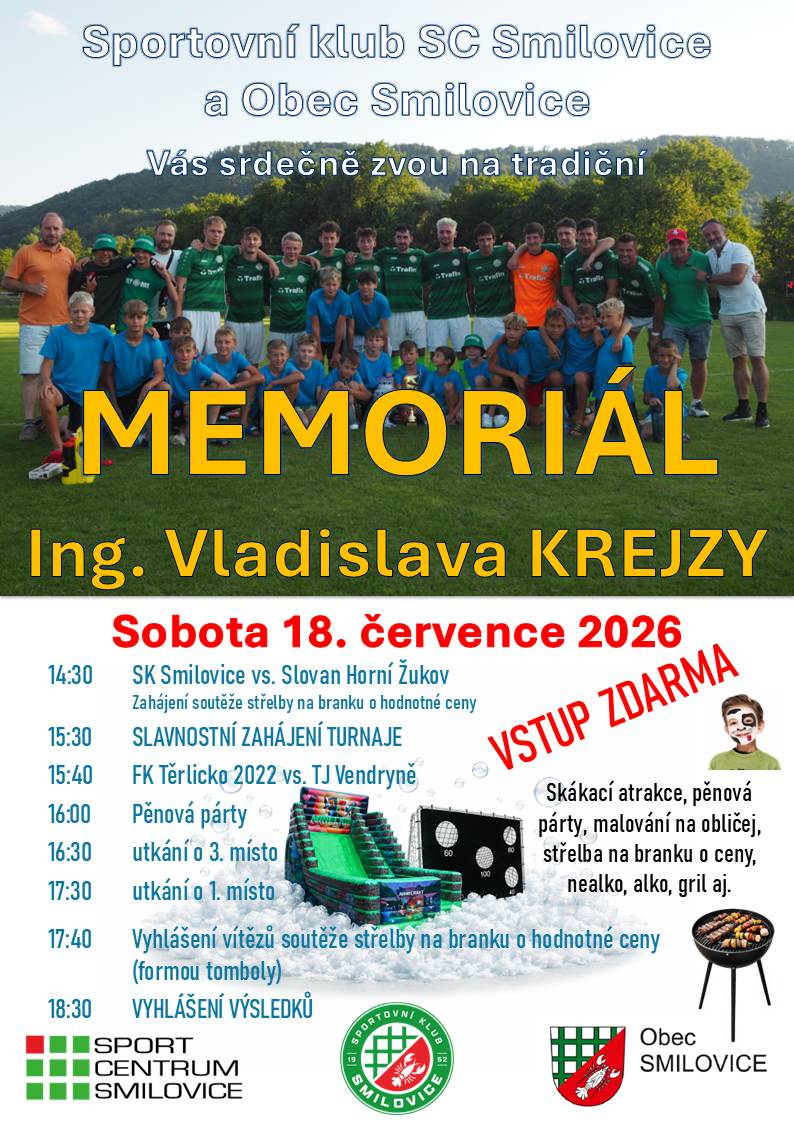 Sportovní klub SC Smilovice a Obec Smilovice vás srdečně zvou na tradiční fotbalový turnaj 📅 Sobota 18. 7. 2026 📍 Sportcentrum Smilovice 🎟️ VSTUP ZDARMA Přijďte si užít den plný fotbalu, zábavy a příjemné atmosféry pro celou rodinu. Těšíme se na vás!