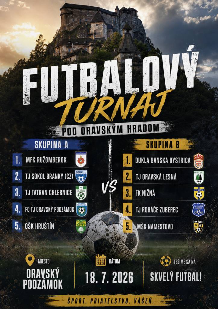 Pozývame všetkých priaznivcov futbalu, rodičov, starých rodičov aj fanúšikov športu na mládežnícky futbalový turnaj Oravský Podzámok CUP 2026 kategórie U11.