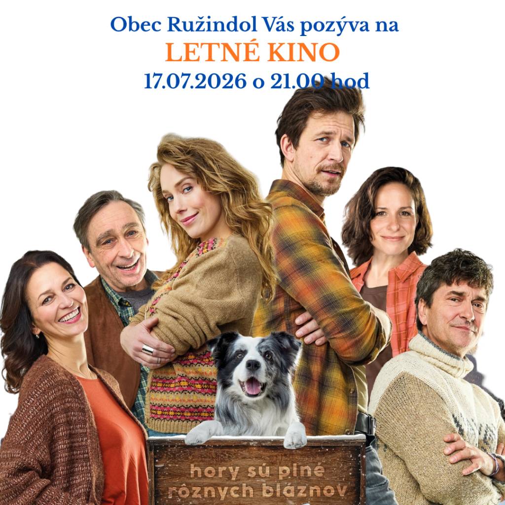 Obec Ružindol Vás srdečne pozýva na letné kino pod holým nebom, ktoré sa uskutoční 17.07.2026 v čase o 21:00 v záhrade penziónu Rosenthal.