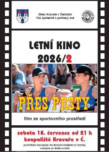 Pozvánka do letního kina na koupališti v Kravařích, v sobotu 18.7.2026 od 21h promítáme film Přes prsty.