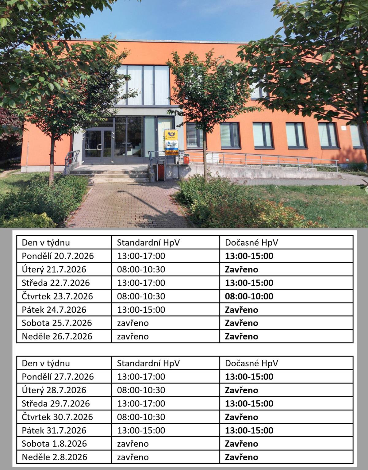 📢 Dovolujeme si Vás informovat o dočasné změně hodin pro veřejnost provozovny pošta partner Darkovičky, Nový svět 302/2, 748 02 Darkovičky. Rozsah hodin pro veřejnost bude omezen na nezbytně nutnou dobu ve dnech 20.7.2026 – 31.7.2026 z provozních důvodů.    ⏰Upravenou otevíraci dobu naleznete ve fotografii příspěvku a také na našich webových stárnkách: https://bit.ly/3QQ05dg  #Darkovičky #PoštaPartner #Pošta #OtevíracíDoba #InformaceProObčany #MoravskoslezskýKraj