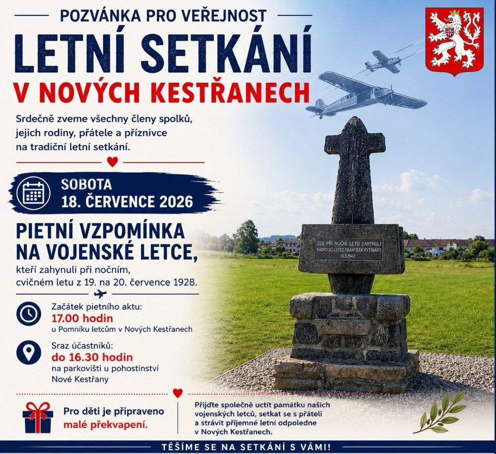 Pietní vzpomínka na vojenské letce: Nové Kestřany sobota 18.7.2026 od 17:00 hod.