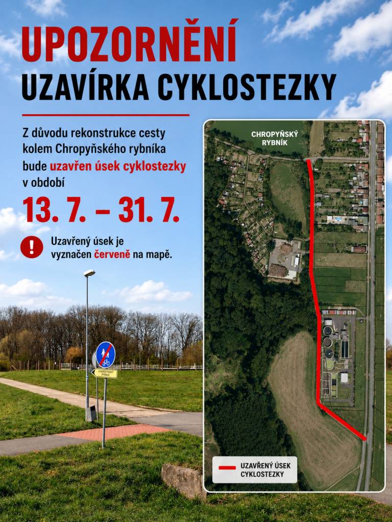 Z důvodů rekonstrukce cesty kolem Chropyňského rybníka je úsek cyklostezky, který je na mapce vyznačen červeně, v době od 13.7. do 31.07.2026 mimo provoz.