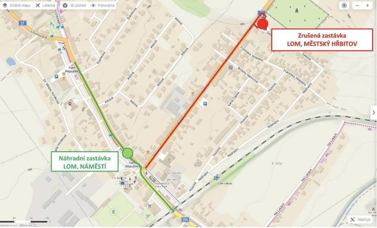 Zastávka LOM, MĚSTSKÝ HŘBITOV bude ve dnech 18. - 19. 7.2026 dočasně uzavřená, z důvodu opravy v ulici Sadová. Náhradní zastávkou linky 13, je LOM, MÁMĚSTÍ REPUBLIKY.