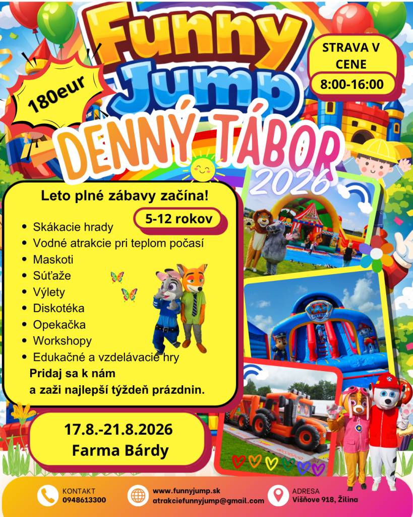Funny Jump denný tábor 2026 pre deti vo veku 5-12 rokov v dňoch 17.8.-21.8.2026 na Farme Bardy Jasenové. V čase od 8:00 do 16:00 hod. Cena 180 € - strava v cene