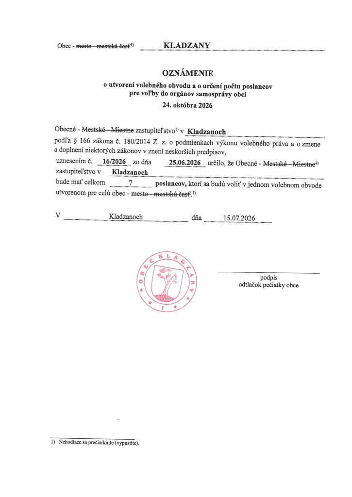 Oznámenie o určení počtu počtu poslancov do OZ v Kladzanoch pre volebné obdobie 2026-2030