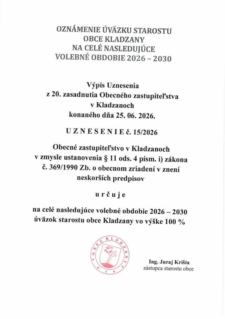 Oznámenie o úväzku starostu Obce Kladzany na celé nasledujúce volebné obdobie 2026 - 2030
