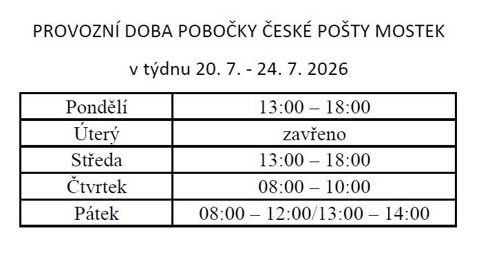 Pobočka České pošty v Mostku oznamuje, že bude z technických důvodů v týdnu od 20. 7. do 24. 7. 2026 dočasná změna provozní doby.