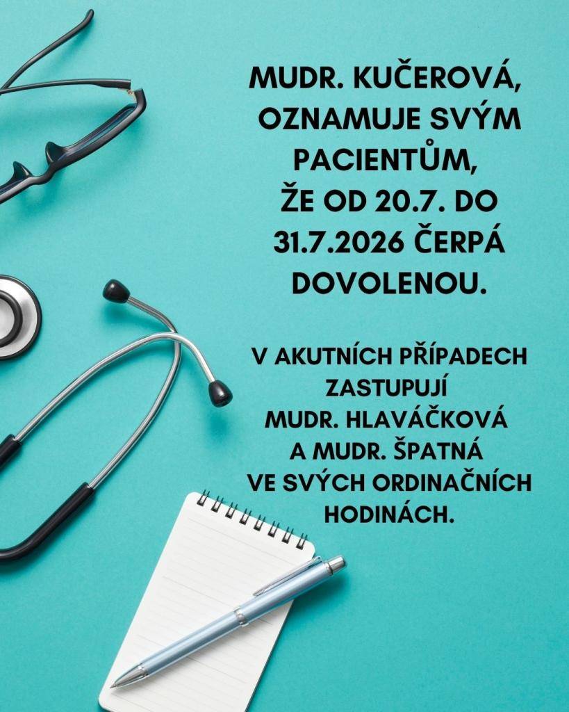 MUDr. Kučerová informuje pacienty, že od 20. července do 31. července 2026 bude mít dovolenou. V případě akutních potřeb se mohou obrátit na MUDr. Hlaváčkovou a MUDr. Špatnou ve svých ordinačních hodinách.