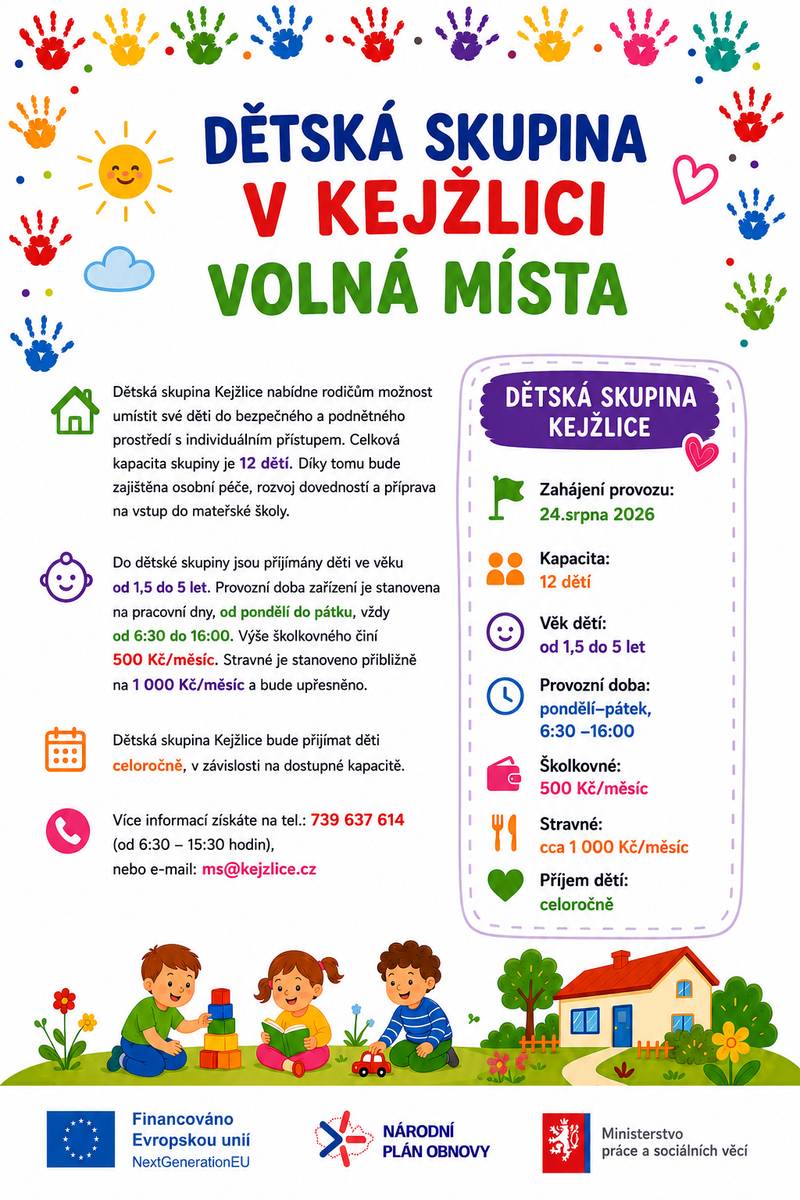 Dětská skupina v Kejžlici nabízí volná místa pro děti ve věku od 1,5 do 5 let.