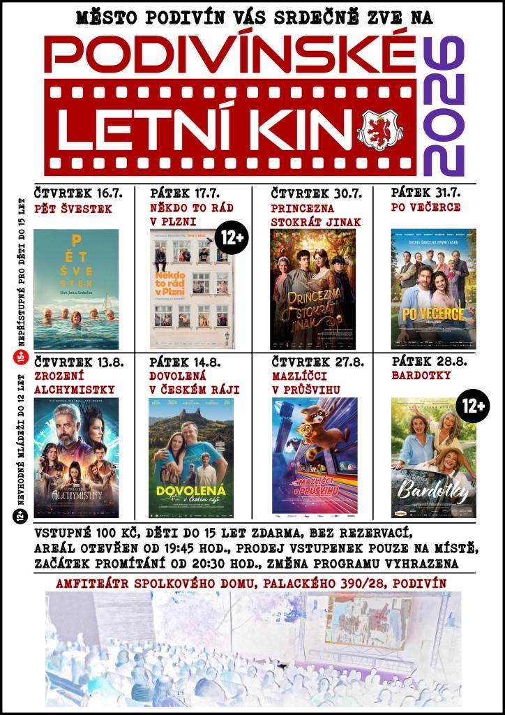 Město Podivín pořádá v amfiteátru Spolkového domu Podivínské LETNÍ KINO. Vstupné 100,- Kč. Začátek promítání ve 20:30 hod. Všichni jste srdečně zváni. Přijďte si užít jedinečnou atmosféru kina pod širou oblohou.