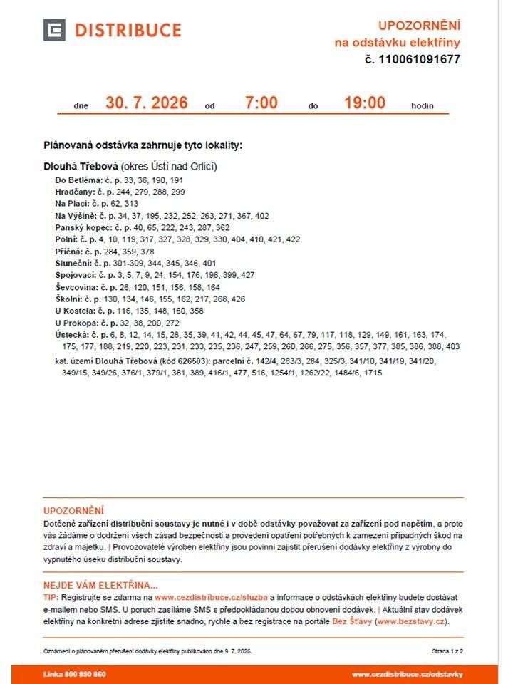 Informace o přesném čase odstávky a dotčených lokalitách naleznete zde: