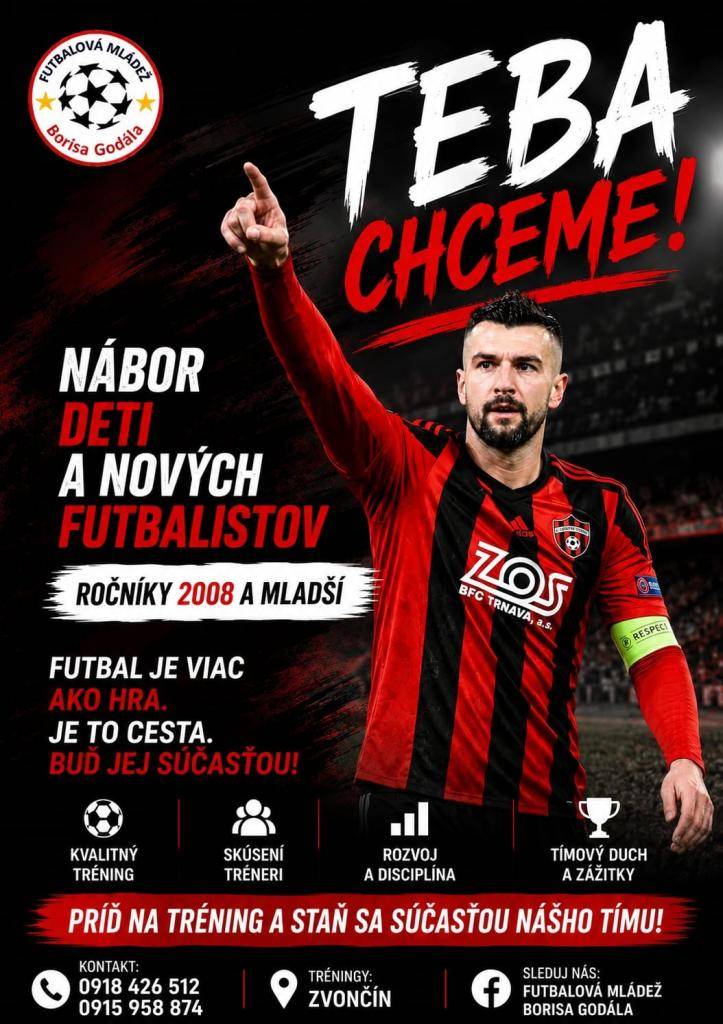 Futbalová mládež Borisa Godála hľadá nových hráčov do mládežníckych kategórií.