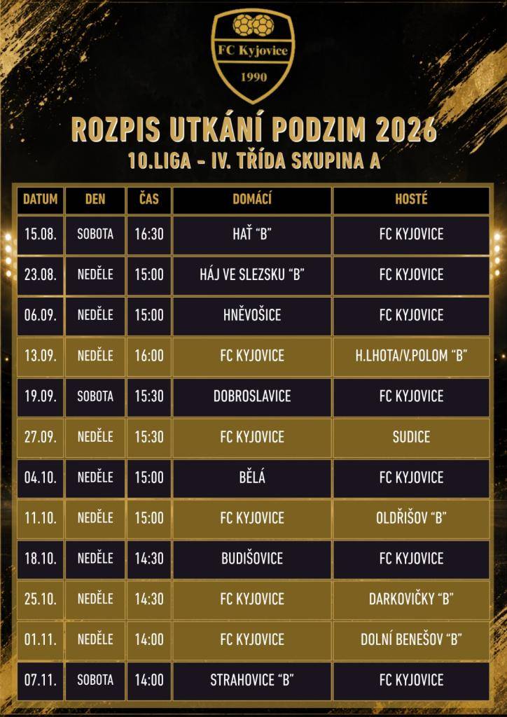 Rozpis fotbalových utkání podzim 2026.