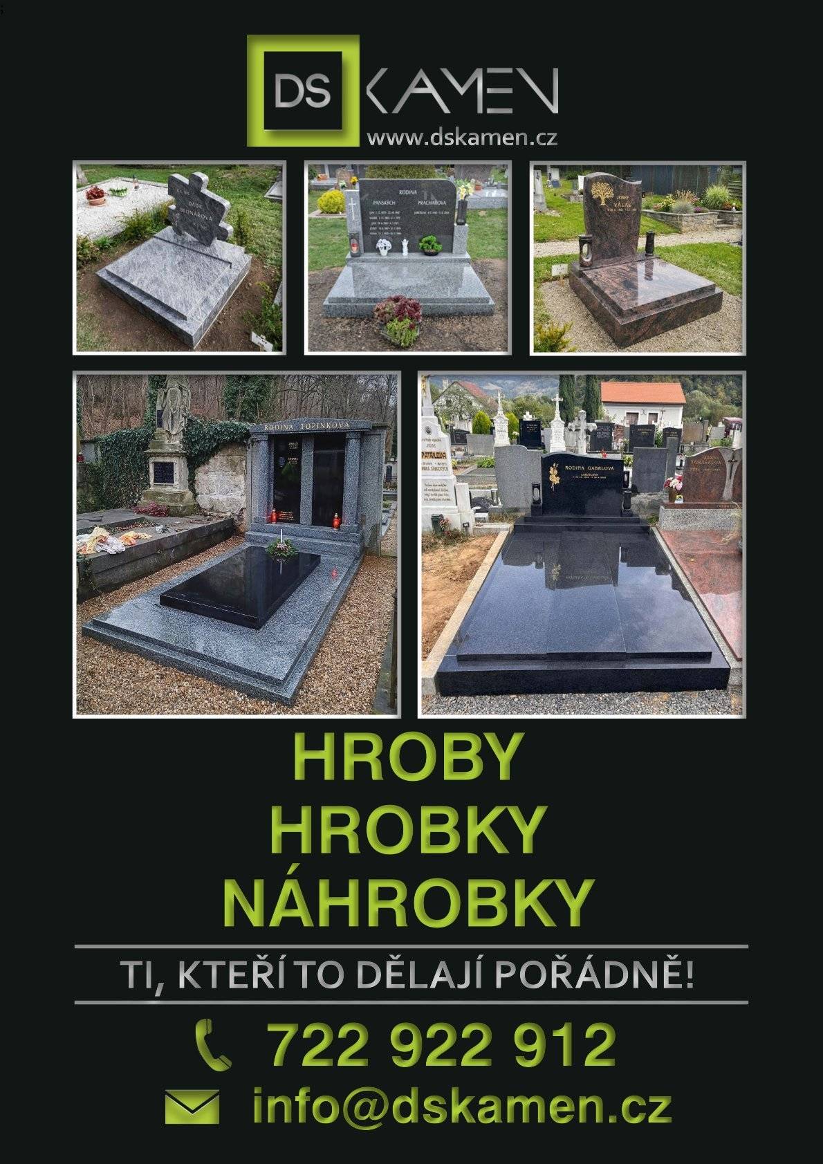 V úterý 21.7. v 9:30 navštíví hřbitov Rokytnice nad Rokytnou kameníci z firmy DS kamen (tel. 722 922 912). Budou poskytovat bezplatné konzultace a přijímat objednávky na stavby a opravy hrobů včetně zlacení a přípisů. Využijte této příležitosti získání nezávazné nabídky od firmy, která nabízí poctivou práci namísto falešných slev. Pokud Vám termín nevyhovuje, rádi se s vámi domluví na individuálním setkání. Těší se na Vás zástupci firmy DS kamen - ti, kteří to dělají pořádně. Tel. 722 922 912