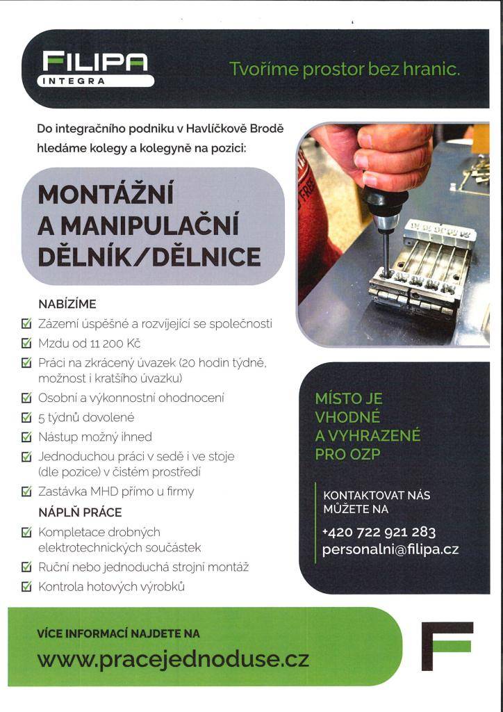 Filipa Integra hledá kolegy a kolegyně na pozici montážní a manipulační dělník/dělnice.