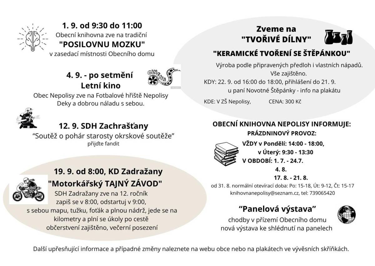 Informační leták o kulturních a společenských akcích v období červenec - září 2026.