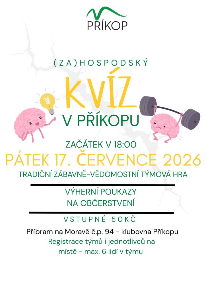 vás srdečně zve na kvíz, který se uskuteční v pátek 17.7. od 18:00 v klubovně Příkopu, vstupné je 50 korun na osobu, občerstvení je zajištěno.   Po skončení kvízu, od 20:00, bude probíhat setkání u deskových her. Těšíme se na vás!"