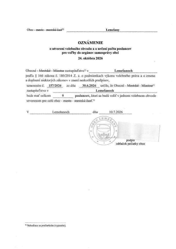 Oznámenie o utvorení volebného obvodu a o určení počtu poslancov pre voľby do orgánov samosprávy obcí