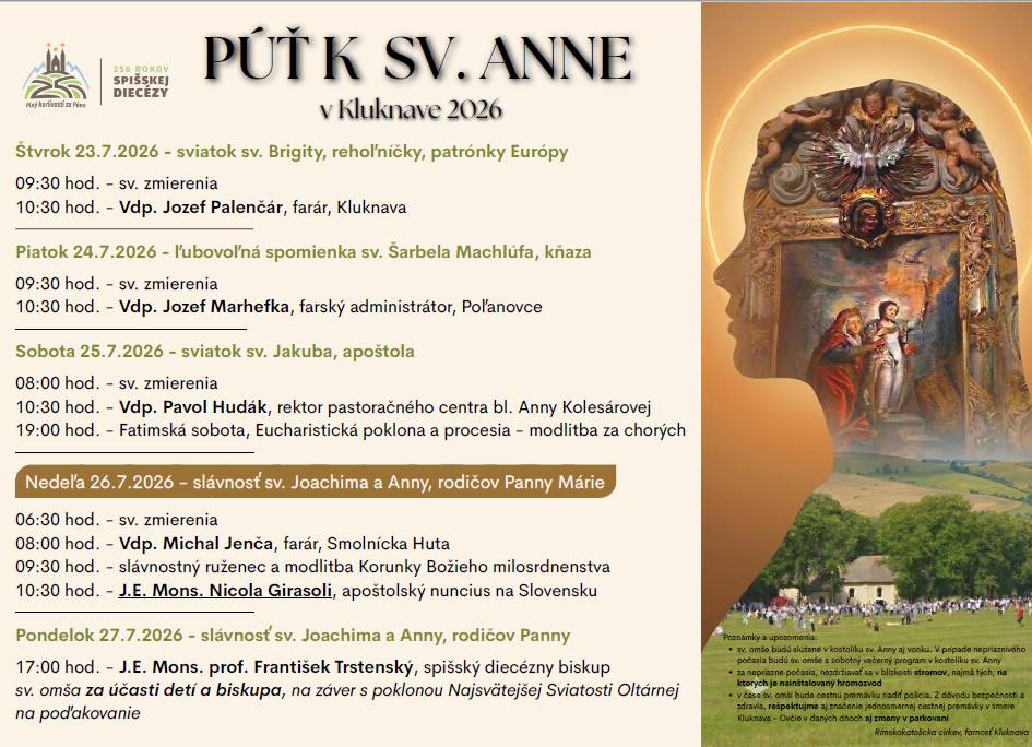 V dňoch od 23. do 27. júla 2026 sa v Kluknave uskutoční púť k sv. Anne. Program zahŕňa slávnostné sväté omše, modlitby a špeciálne aktivity s účasťou biskupov a kňazov.