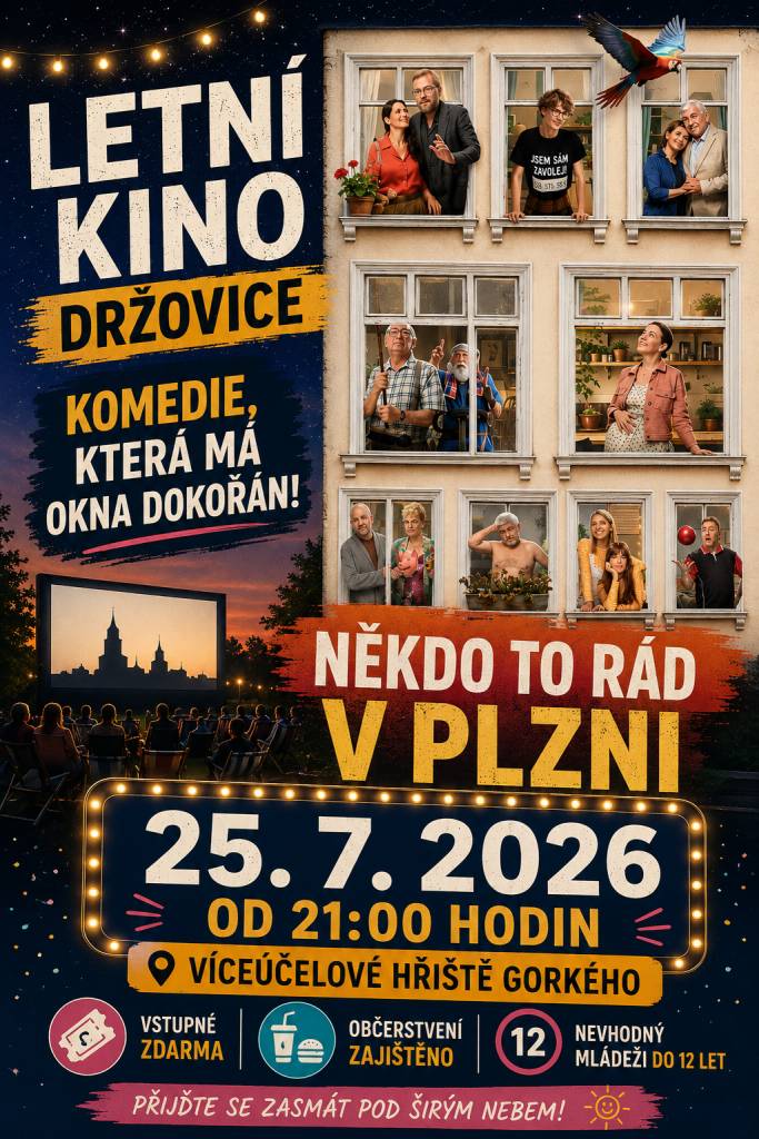 Obec Držovice zve všechny v sobotu 25. 7. 2026 od 21:00 hod.na letní kino na víceúčelové hřiště v ulici Gorkého na komedii "Někdo to rád v Plzni". Vstupné je zdarma a občerstvení zajištěno.  Přijďte se zasmát. Všichni jste srdečně zváni.