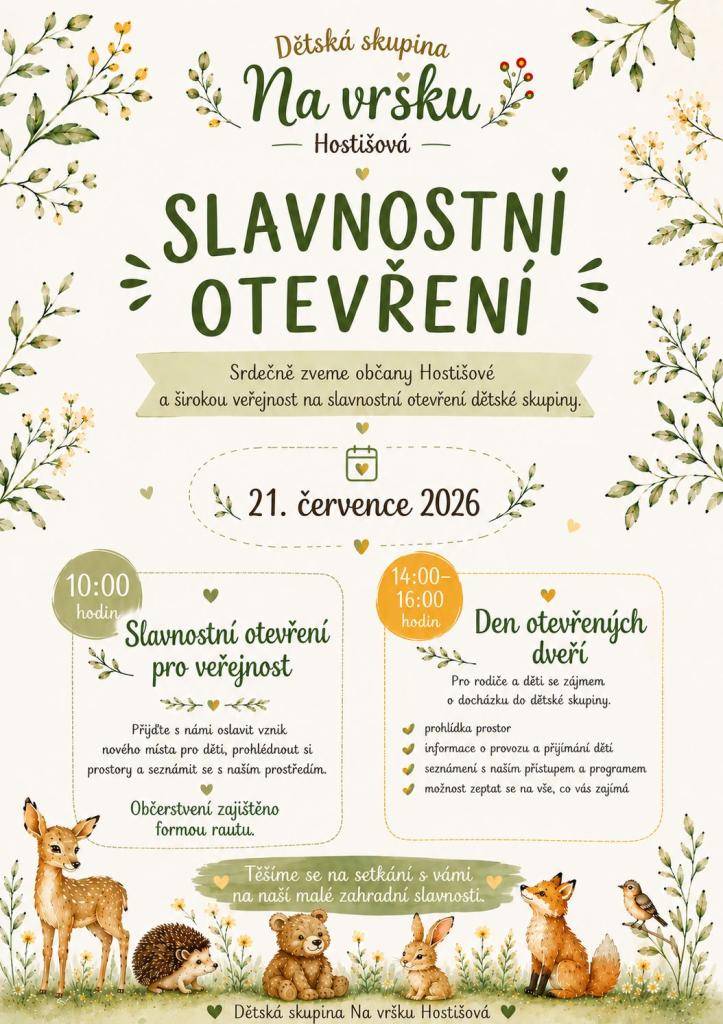 Kdy: 21. července 2026  10:00 Slavnostní otevření pro veřejnost  14:00 - 16:00 Den otevřených dveří pro rodiče s dětmi