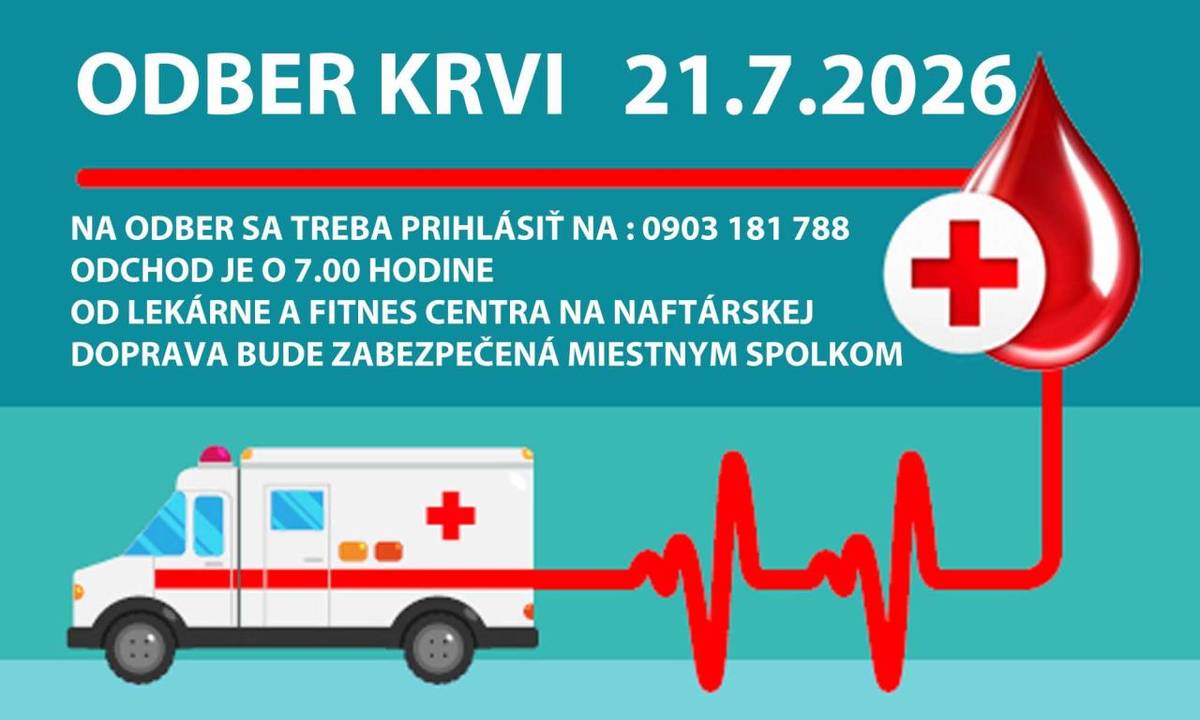 Miestny spolok Slovenského Červeného kríža Gbely oznamuje darcom krvi, že dňa 21. 7. 2026 sa uskutoční hromadný odber krvi.