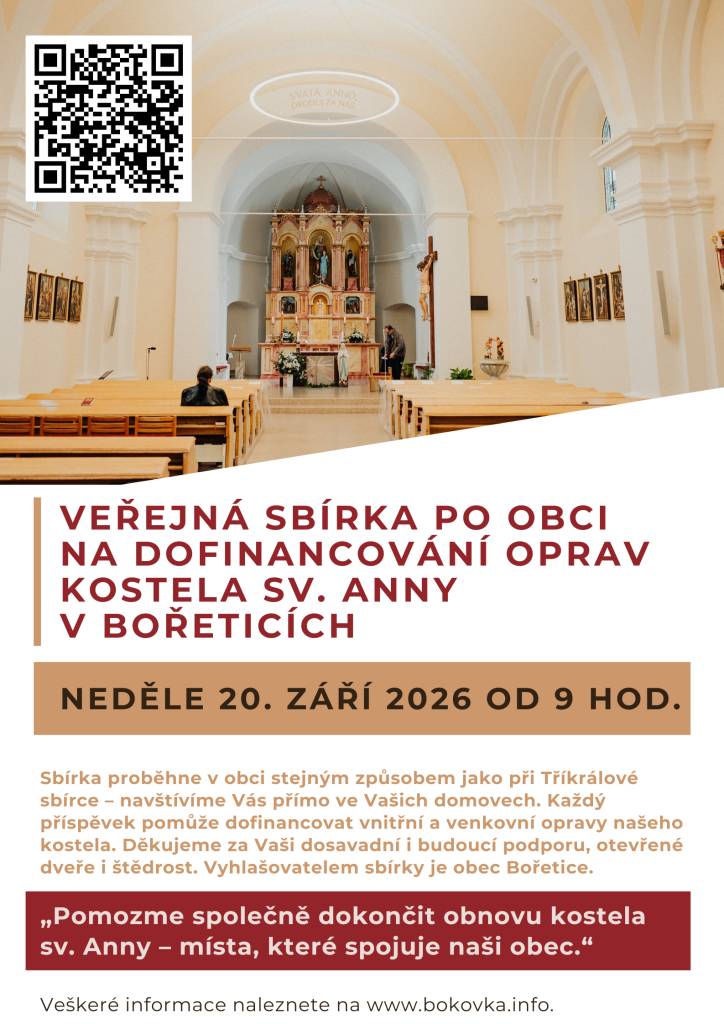 Sbírka proběhne v obci stejným způsobem jako při Tříkrálové sbírce - navštívíme Vás přímo ve Vašich domovech. Každý příspěvek pomůže dofinancovat vnitřní a venkovní opravy našeho kostela. Děkujeme za Vaši dosavadní i budoucí podporu, otevřené dveře i štědrost. Vyhlašovatelem sbírky je obec Bořetice.