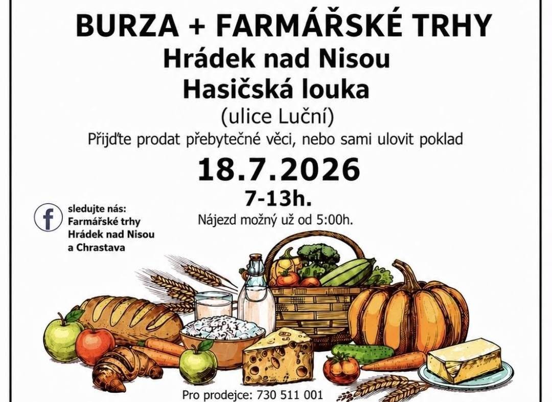 Naše první a jediná letošní SOBOTA❣️ Chceme vás pozvat na mimořádný farmářský trh, spojený i s burzou, které se konají v sobotu 18. 7., v Hrádku nad Nisou, u hasičské louky (ulice Luční) v čase od 7:00 do 13:00. Na burzu přijďte prodat cokoliv vám přebývá a už nepotřebujete. Cokoliv pro vás není už zajímavé a užitečné- pro jiné může být poklad❣️ (nájezd prodejců burzy doporučujeme do 6 hodin) Na farmářském trhu se můžete těšit na:  Prominent CZ - krůtí speciality - maso a delikatesy devíti chutí v bohatém výběru od krůtí tlačenky, párků až po krůtí klobásy, oceněný Top produkt Libereckým krajem Zelenina ze dvora od p. Brože z Malého Rohozce stánek se sadbou a květinami od paní Ivany z Polabí lahodné sýry, žervé, jogurty, kefiry a další dobroty od místní farmy Ekologické hospodářství Na Pašerácké cestě a Kacálkův statek, regionální produkt medy z Českého ráje ovocné mošty a výběrová vína z Jižní Moravy od Stánek ze sna řemeslný chléb, housky, rohlíky, koláče a další úžasné pečivo od pekárny Vaše Selka z Turnova stánek s bylinkami a vitamíny OKG, budeme seznámeni s působením pěti elementů a synergií stánek s kořením Z louky l Kveť  krasné dekorace z lisovaných květin, které sama vyrábí paní Markéty z Chrastavy  Opět pro vás připravíme sdílený komunitní stůl, kde můžete prodávat sami své přebytky ze zahrádky, stačí uvést cenu a dát kasičku.  Už teď se  tam objeví mimo jiné knihy od Hrádecké autorky a domácí vejce od malochovatele z Chotyně. Společně se také můžeme těšit na stánek Tapirro Caffé Perfetto Gusto s lahodnou kávou. Kromě kávy do ruky si můžete ale i vybrat kvalitní zrnkovou kávu domu do svého kávovaru, anebo ze široké nabídky čajů…a možná i něco více… Tak tedy, těšíme se na vás 💗👍🌞, pěkné počasí vemte prosím sebou do košíku🧺 👍.