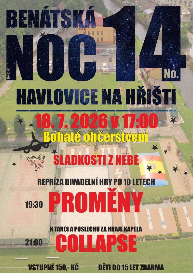V sobotu 18. července se Sportovní areál Havlovice promění v místo, kde si na své přijde opravdu každý. Od 17:00 bude areál uzavřen pro akci Benátská noc (vstupné dle plakátu). Čeká vás divadelní představení Proměny, bohaté občerstvení a od 21:00 hodin koncert rockové kapely Collapse, která vás rozpálí známými hity i vlastní tvorbou. 🤘Ať už dorazíte přes den, večer, nebo si užijete celý program, věříme, že si z Havlovic odvezete spoustu krásných zážitků. Veškeré informace o programu, časech i vstupném najdete na přiložených plakátech.