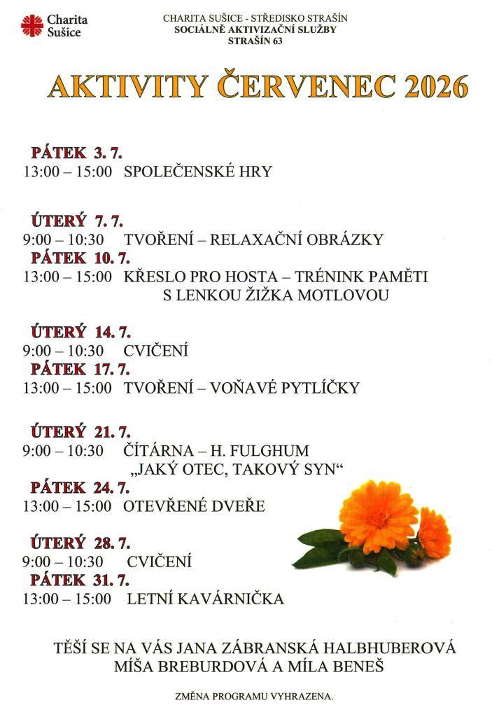 Aktivity na červenec ve středisku Strašín 63.