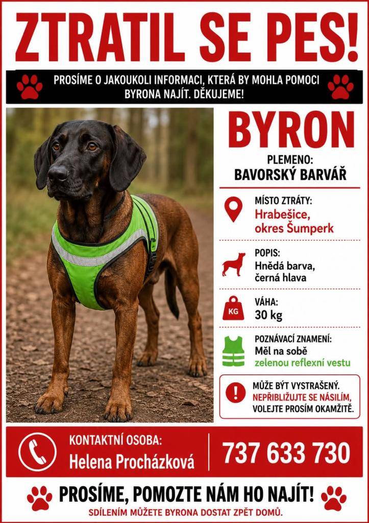 - plemeno bavorský barvář  - místo ztráty Hraběšice  - hnědá barva, černá hlava  - jméno psa Byro