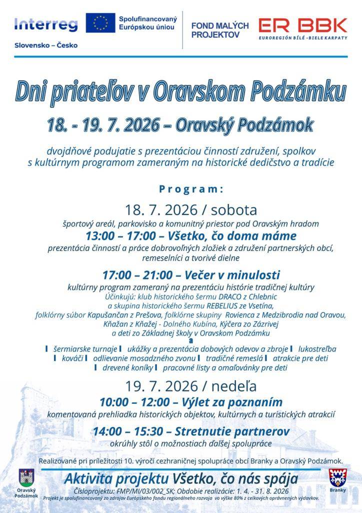 Obec Oravský Podzámok srdečne pozýva všetkých obyvateľov aj návštevníkov na podujatie Dni priateľov v Oravskom Podzámku, ktoré sa uskutoční 18. – 19. júla 2026 v rámci projektu „Všetko, čo nás spája“.