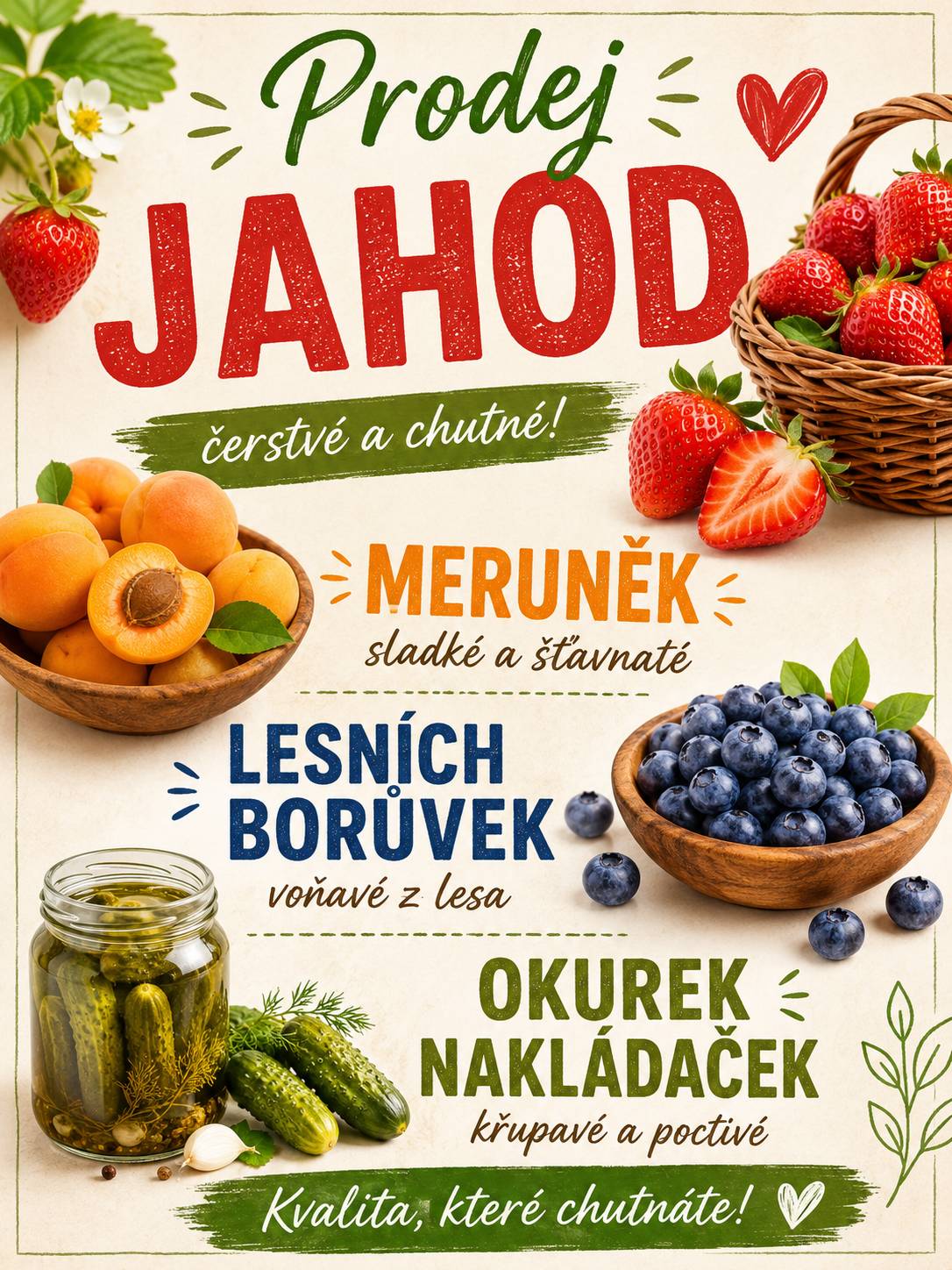 Zítra 14.7.2026 od 17:30 hodin budou prodejci z jižní Moravy prodávat na náměstí v Ratibořských Horách jahody, meruňky, lesní borůvky a okurky nakládačky.