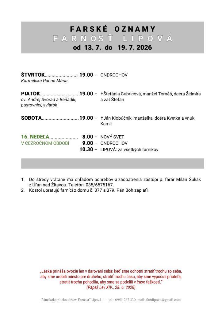 Poriadok bohoslužieb od 13.07. do 19.07.2026