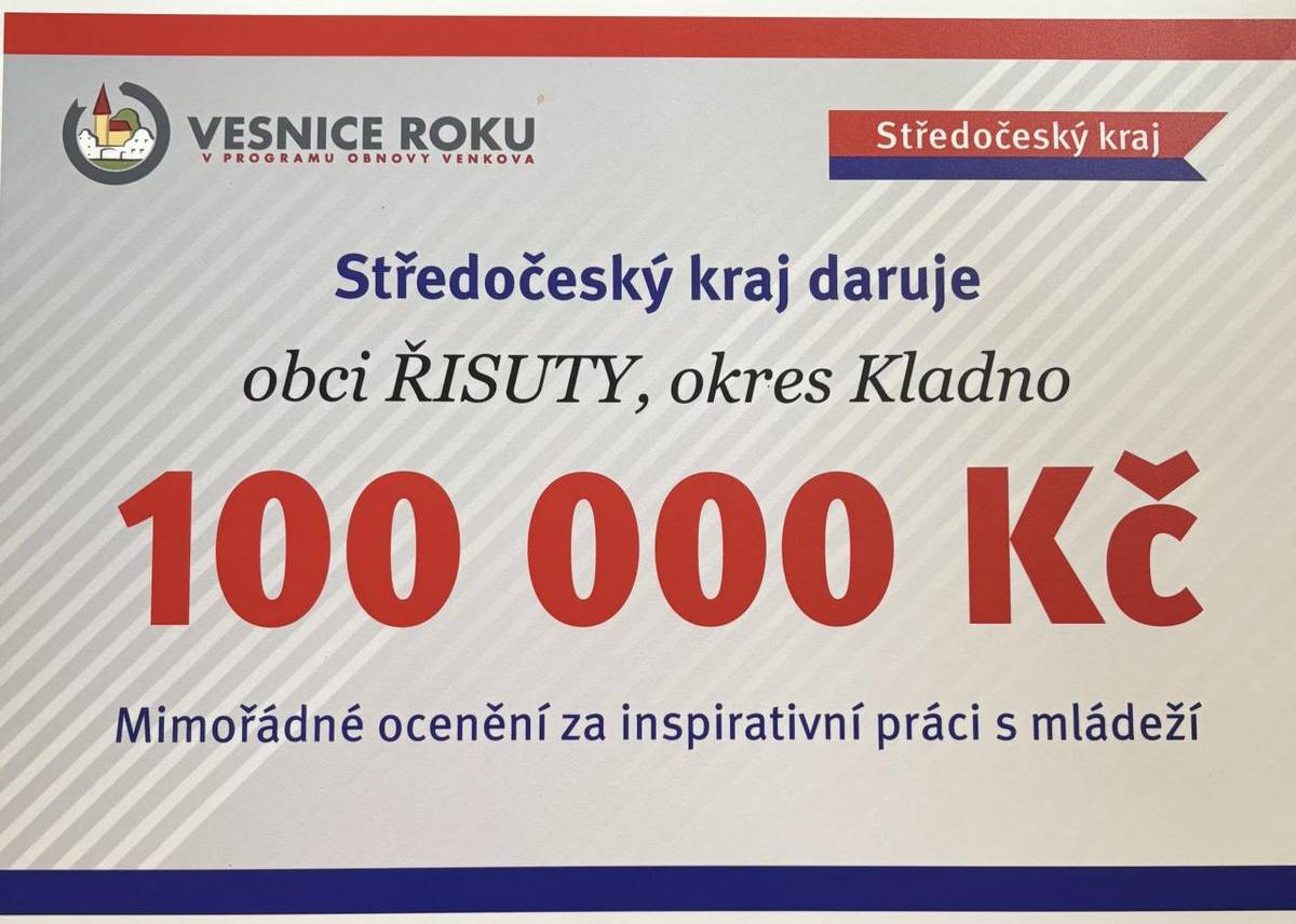 Obec Řisuty získala v soutěži Vesnice roku 2026 mimořádné ocenění za inspirativní práci s mládeží. Středočeský kraj obci věnoval částku 100 000 Kč.