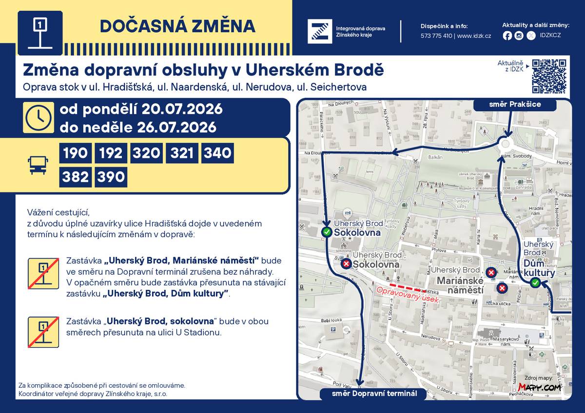 Změna dopravní obsluhy v Uherském Brodě od 20.7. - 26.7.2026.