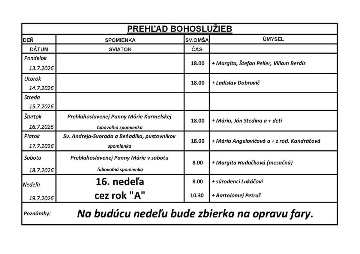 Prehľad Bohoslužieb 13.07.2026- 19.07.2026