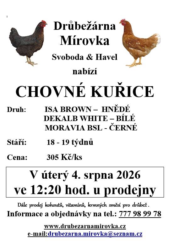 Prodává v úterý 4. srpna 2026 ve 12:20 hod. u prodejny v Klučově kuřice hnědé, černé, bílé.