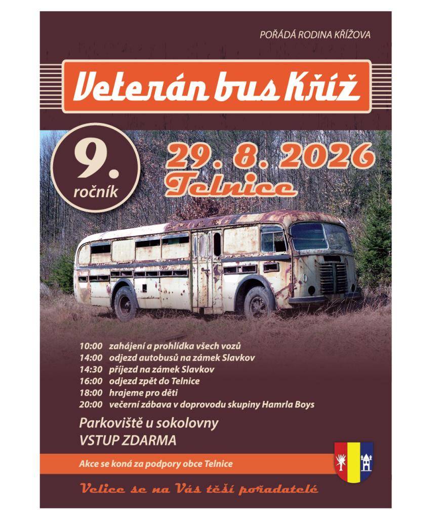 Sraz historických autobusů Veterán bus Kříž dne 29. 8. 2026 v Telnici.