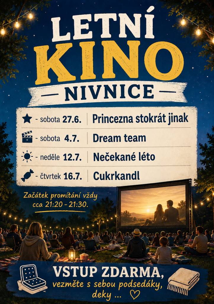 Zveme spoluobčany na letní kino na plitvice ve čtvrtek 16.7. na filmovou pohádku Cukrkandl.   Začátek promítání cca 21:20 - 21:30 dle světla.  Vstup zdarma, vezměte s sebou podsedáky a deky, občerstvení zajištěno.