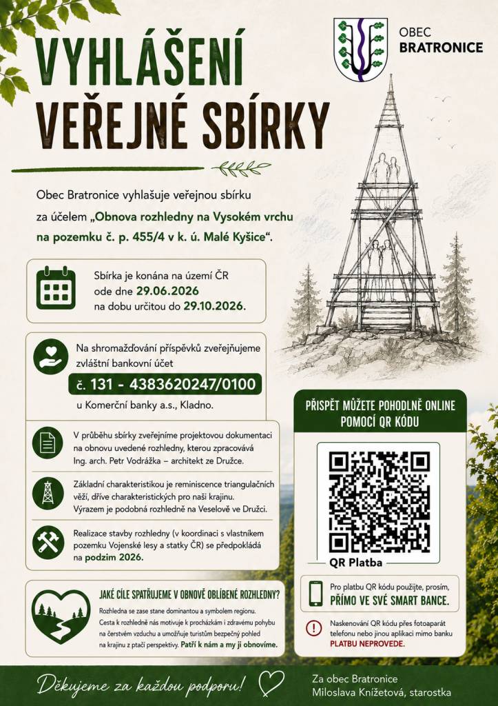 Obec Bratronice vyhlašuje veřejnou sbírku za účelem obnovy rozhledny na Vysokém vrchu. Příspěvky lze zasílat na bankovní účet č. 131 83620247/0100 u Komerční banky a.s. nebo pohodlně online pomocí QR kódu.