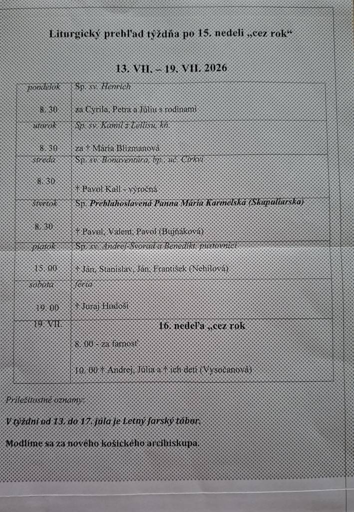 Liturgický prehľad sv. omší od 13.7.2026 do 19.7.2026